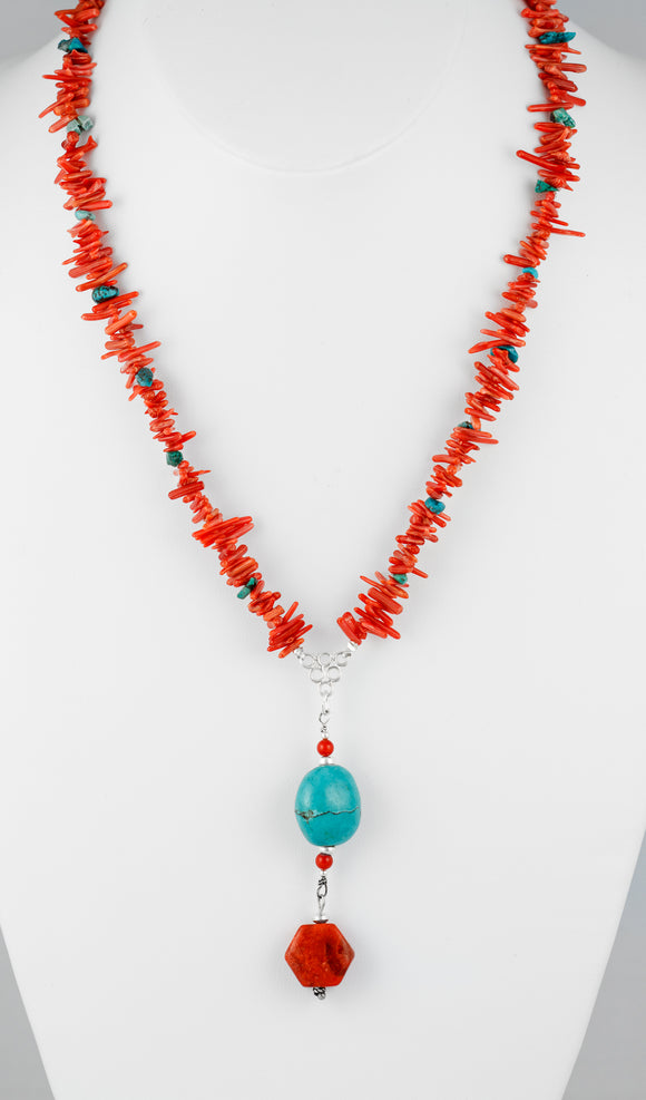 Sterling silver handcrafted necklace of genuine turquoise and coral