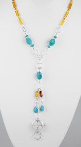 Handcrafted necklace 925 sterling silver and turquoise, amber fossils.