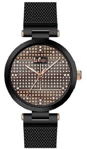 LEE COOPER -LADIES WATCH ROSE GOLD AND CZS ON DIAL WITH BLACK MESH BAND WATER RESISTANT 3 ATM