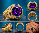 Custom 10K gold men's amethyst ring with detailed goldwork and CZ accents