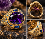 10K gold custom men's ring with 13 x 18 mm amethyst and CZ side stones