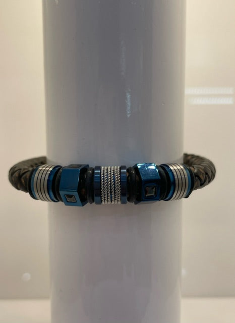 Ebedi - black & brown leather, blue beads bracelet