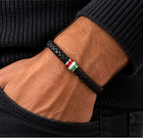 Ebedi black braided leather flag bead bracelet worn on wrist