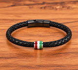 Ebedi black braided leather bracelet with stainless steel flag bead