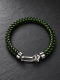 Black braided leatherette bracelet with green and yellow threads and stainless steel locking system
