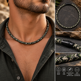 ebedi camouflage necklace worn around man's neck and clasp and weave details