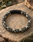 Ebedi camouflage woven acrylic cord bracelet with black IP stainless steel button clasp