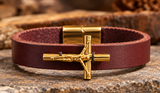 ebedi genuine dark maroon leather crucifix bracelet on stone, front standalone view