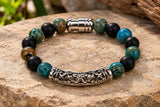 Styled standalone ebedi onyx and malachite 10 mm custom bracelet with stainless steel curved centre