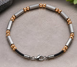 Ebedi stainless steel rectangular four-sided polished silver bar and rose gold IP bracelet, studio product image