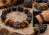 Ebedi tiger eye, lava stone and skull bracelet detail collage