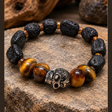 Ebedi custom stretch bracelet with tiger eye, lava stone and silver-plated skull