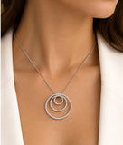 Model wearing white gold three circle diamond necklace lifestyle visualization
