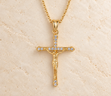 Close-up of the Freya gold-plated CZ crucifix pendant