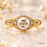 Galatea 14K yellow gold ring with cultured pearl, diamond and rubies front