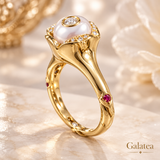 Side view of Galatea 14K gold pearl ring showing ruby on shank