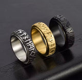 Three colour options of Viking rune stainless steel spinner rings