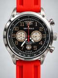 Navy Seal chronograph black dial detail with red strap