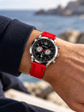 Model wearing Navy Seal chronograph with red strap