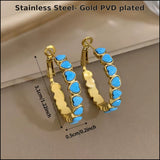 Yana blue heart hoop earrings in stainless steel with gold PVD plating and dimensions