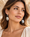 Woman wearing Yana Botswana agate free-form stainless steel earrings