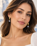 Woman wearing Yana evil eye stainless steel earrings