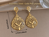 Yana filigree drop earrings in stainless steel with gold PVD plating and dimensions