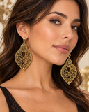 Yana filigree drop earrings worn by model, showing the hollow openwork design