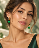 Woman wearing Yana rectangle green CZ stainless steel earrings