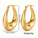 Gold IP elongated hoop earrings, 3.4 cm high by 2.4 cm wide, weight 9 g