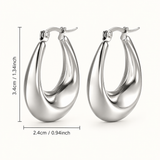 Silver elongated hoop earrings, 3.4 cm high by 2.4 cm wide