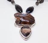 Sterling Silver With Smoky Quartz & Tiger Eye Frog Stone Necklace
