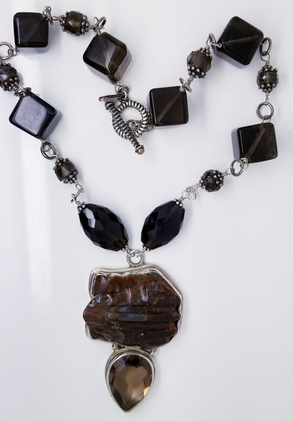 Sterling Silver With Smoky Quartz & Tiger Eye Frog Stone Necklace