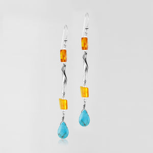 Amber & turquoise sterling silver handcrafted earrings