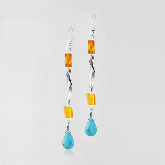 Amber & turquoise sterling silver handcrafted earrings