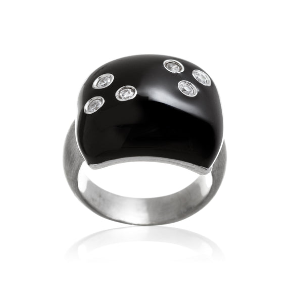 Black Enamel Brushed Sterling Silver Reverie Ring With Set CZ