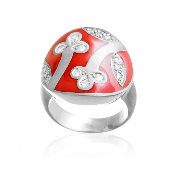 Red Enamel Brushed Sterling Silver Reverie Ring With Set CZ