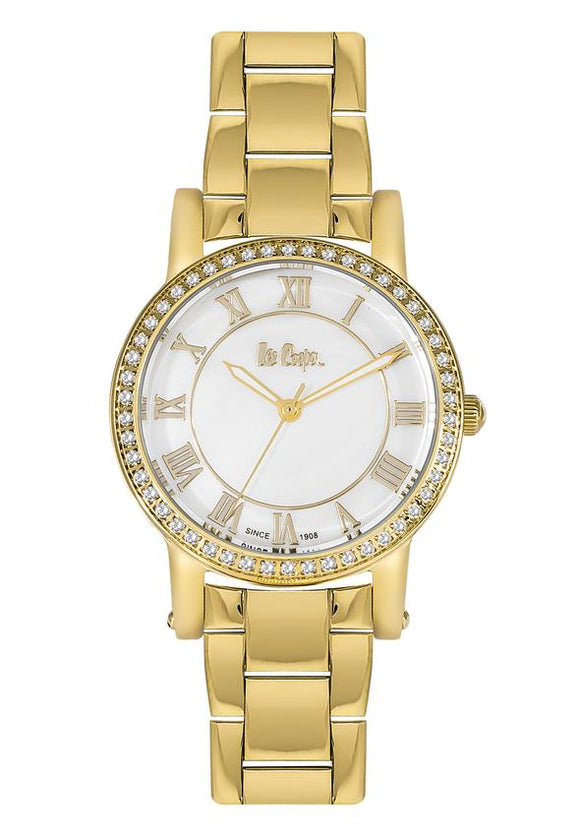 LEE COOPER -STAINLESS STEEL, GOLD IP STEEL BAND WITH GOLD IP CASE W CZS AND MOTHER OF PEARL DIAL