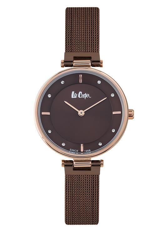 LEE COOPER - STAINLESS STEEL, ROSE GOLD MESH BAND WITH ROSE GOLD CASE AND BROWN DIAL W CZS