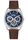 LEE COOPER - Mens Silver Tone Watch W/Blue Multi-Fuction Dial & Brown Leather Strap