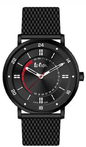 LEE COOPER -BLACK AND RED LINES ON THE DIAL WITH BLACK MESH BRACELET WATER RESISTANT 3 ATM