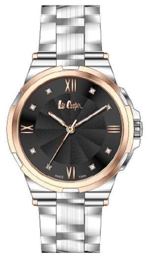 LEE COOPER -STAINLESS STEEL, STEEL BAND WITH STEEL AND ROSE GOLD CASE AND BLACKDIAL WITH CZS