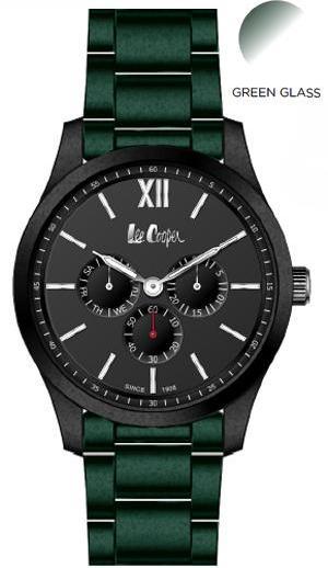 LEE COOPER -MEN WATCH, BLACK DIAL WITH GREEN METAL BRACELET, WATER RESISTANT 3 ATM