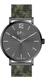 LEE COOPER -MESH CAMO BAND WITH BLACK CASE, BLACK AND STEEL DIAL