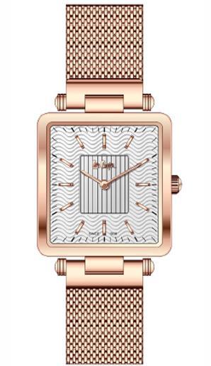 LEE COOPER -STAINLESS STEEL, MESH ROSE GOLD BAND W SQUARE ROSE GOLD CASE AND WHITE & ROSE GOLD DIAL