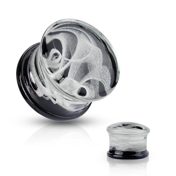 Pyrex Glass Double Flare Plugs Black back with White Swirling Smoke(PAIR)