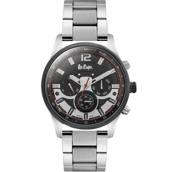 LEE COOPER -STAINLESS STEEL , STEEL BAND WITH BLACK AND WHITE DIAL RED DETAILS , MULTI FONCTION