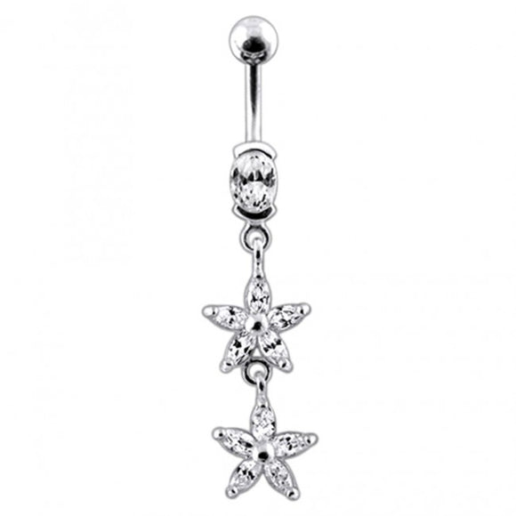 Sterling Silver Jeweled Double Flower Dangling SS Banana Bar Navel Ring