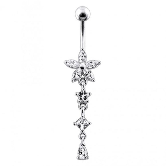 Sterling Silver Jeweled Flower Dangling SS Banana Bar Navel Ring