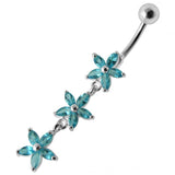 Sterling Silver Jeweled Triple Flower Dangling SS Banana Bar Navel Ring